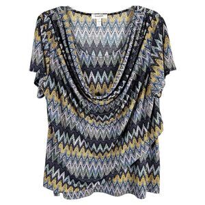 Dressbarn Plus Size 1X‎ Top Chevron Purple Blue Drape Neck Short Sleeve 1533